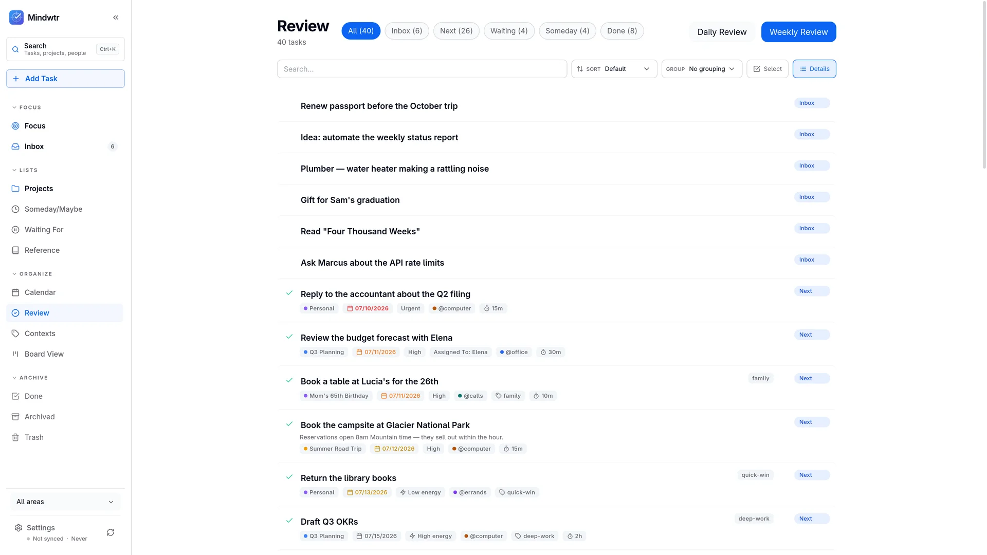 The Review view with tabs counting All 40, Inbox 6, Next 26, Waiting 4, Someday 4, and Done 8, and buttons for Daily Review and Weekly Review