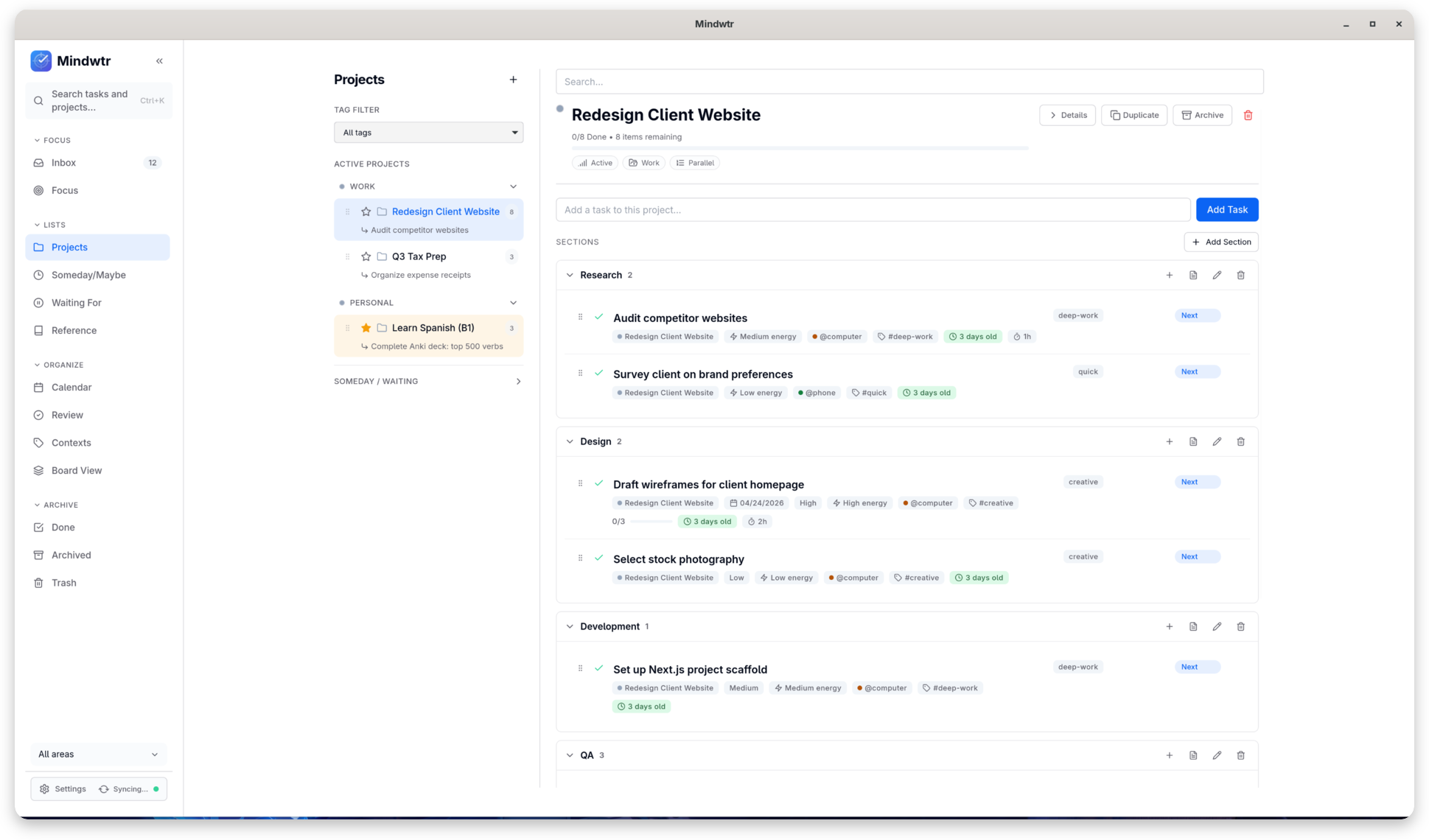 Mindwtr desktop Projects view