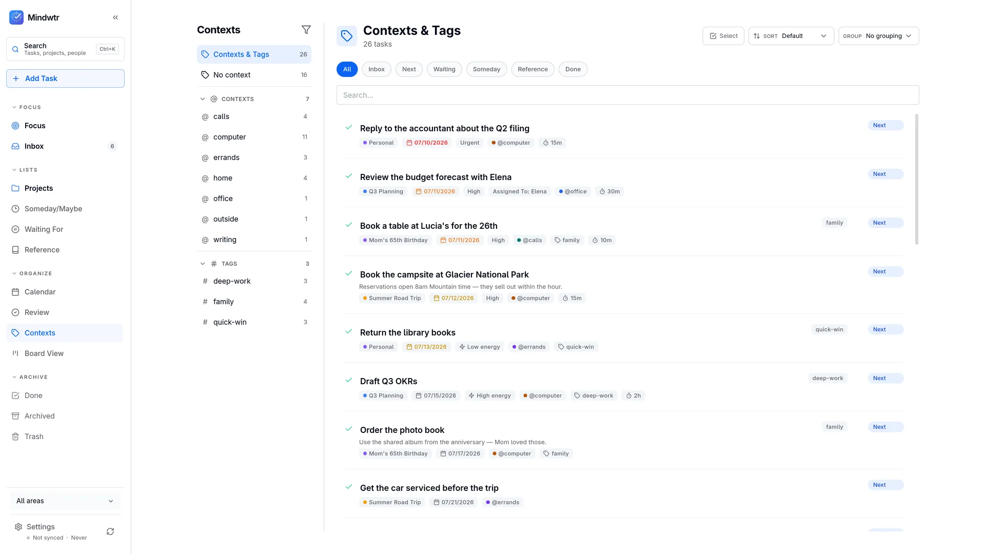 The Contexts & Tags view with tasks filtered by @calls, @computer, and more