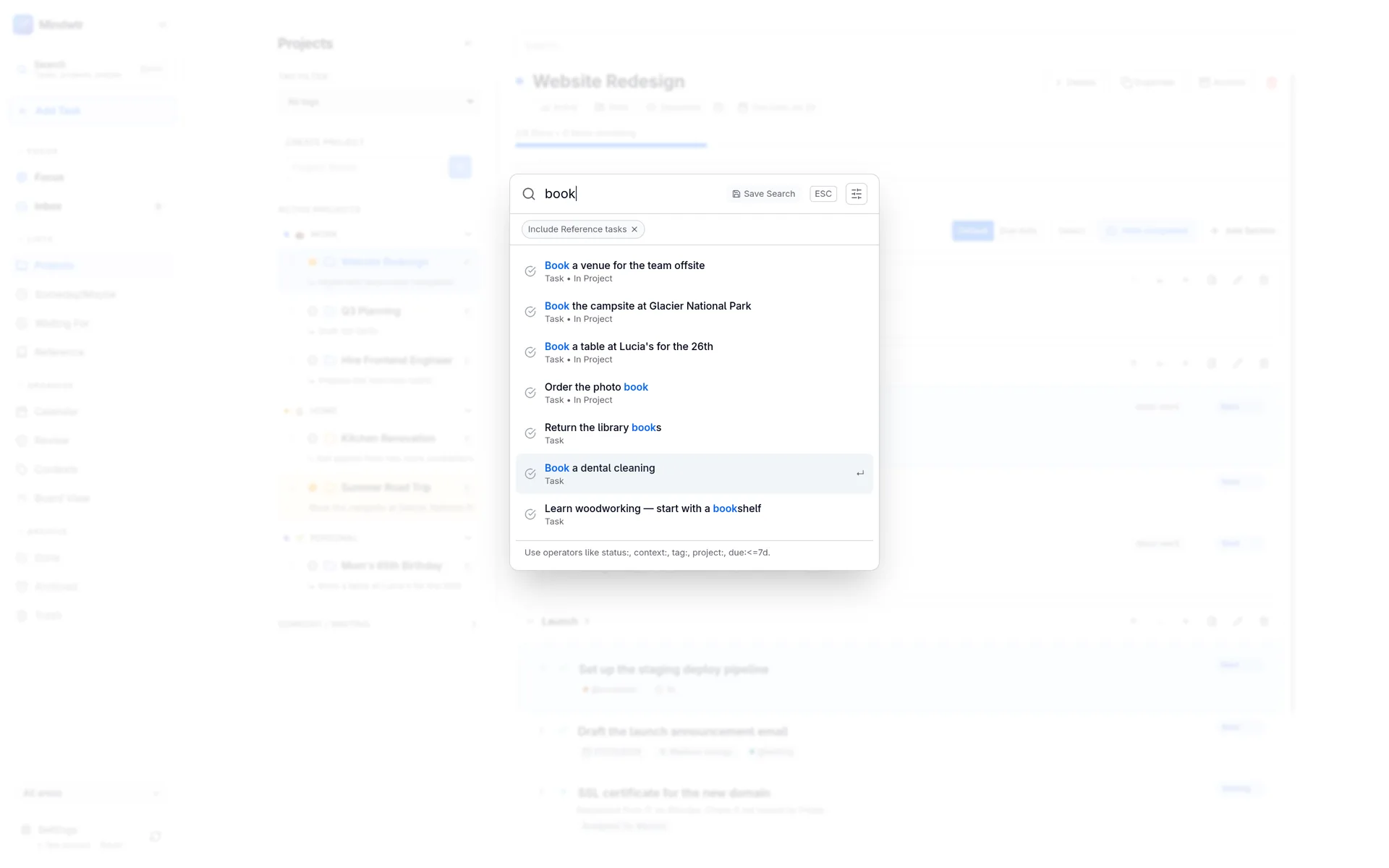 Global search finding tasks for “book”, with saved searches and operator hints