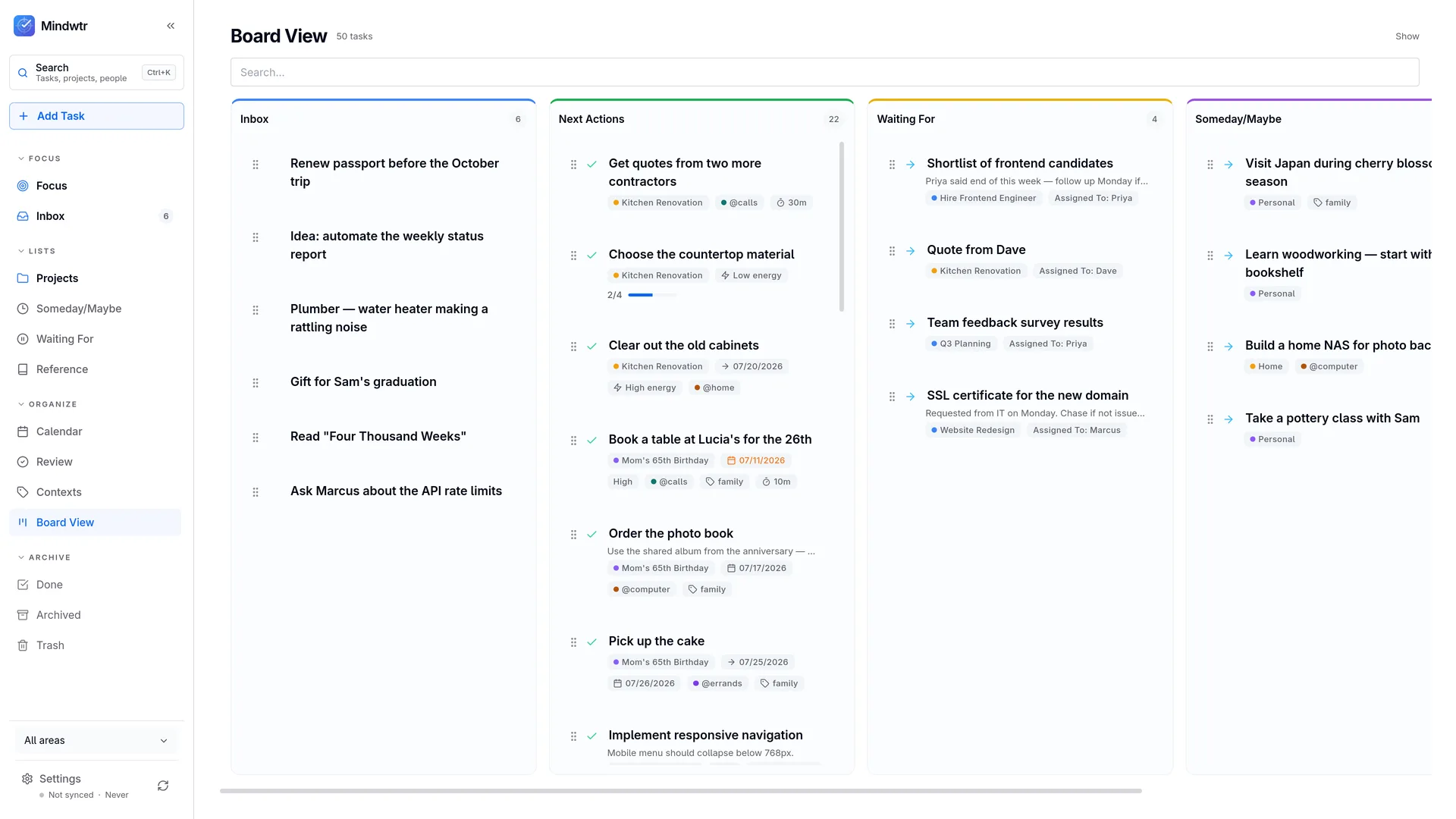 Mindwtr Board view with Inbox, Next Actions, Waiting For, and Someday columns