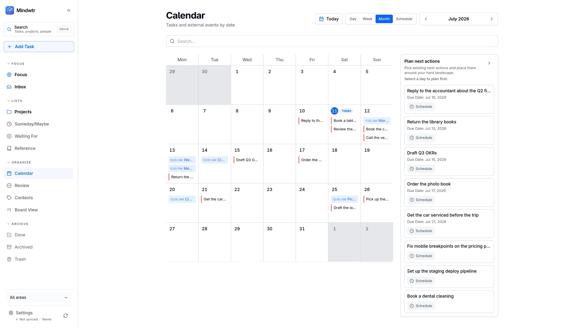 Mindwtr Calendar with the plan-next-actions rail on desktop
