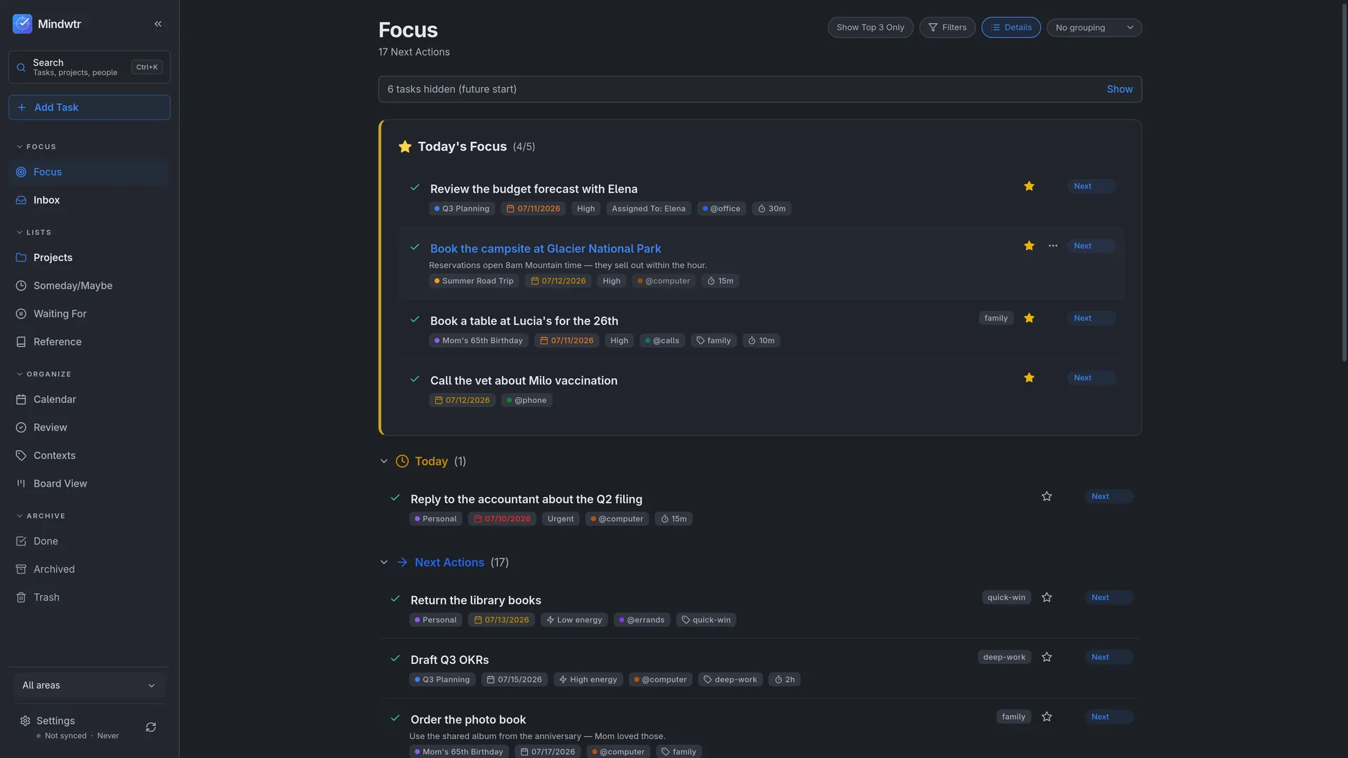 Mindwtr Focus view in dark mode