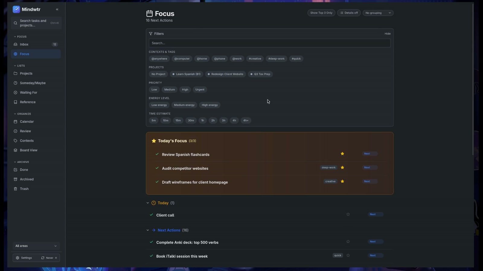 Mindwtr Focus view on desktop