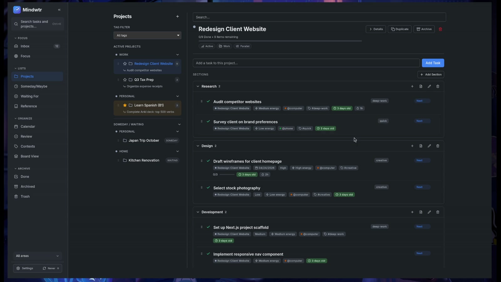 Mindwtr Projects view on desktop