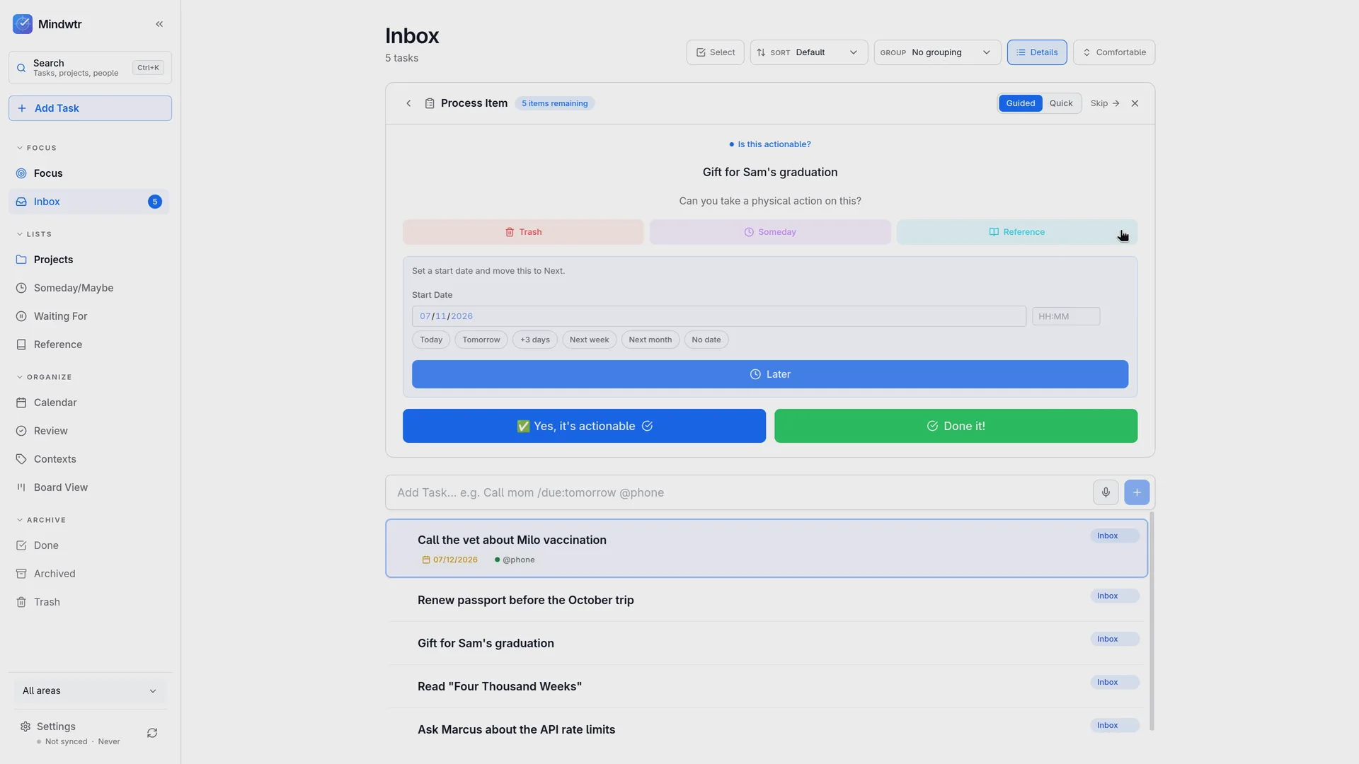 Guided inbox processing asking whether an item is actionable, one question at a time
