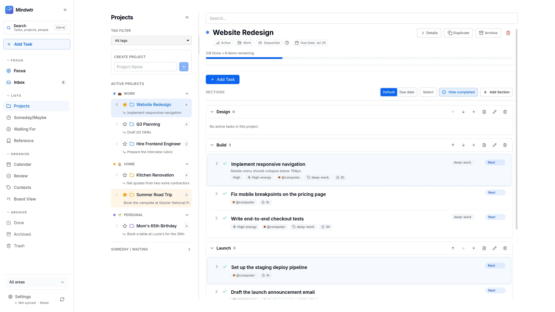 A project with Design, Build, and Launch sections, next actions, and a waiting item